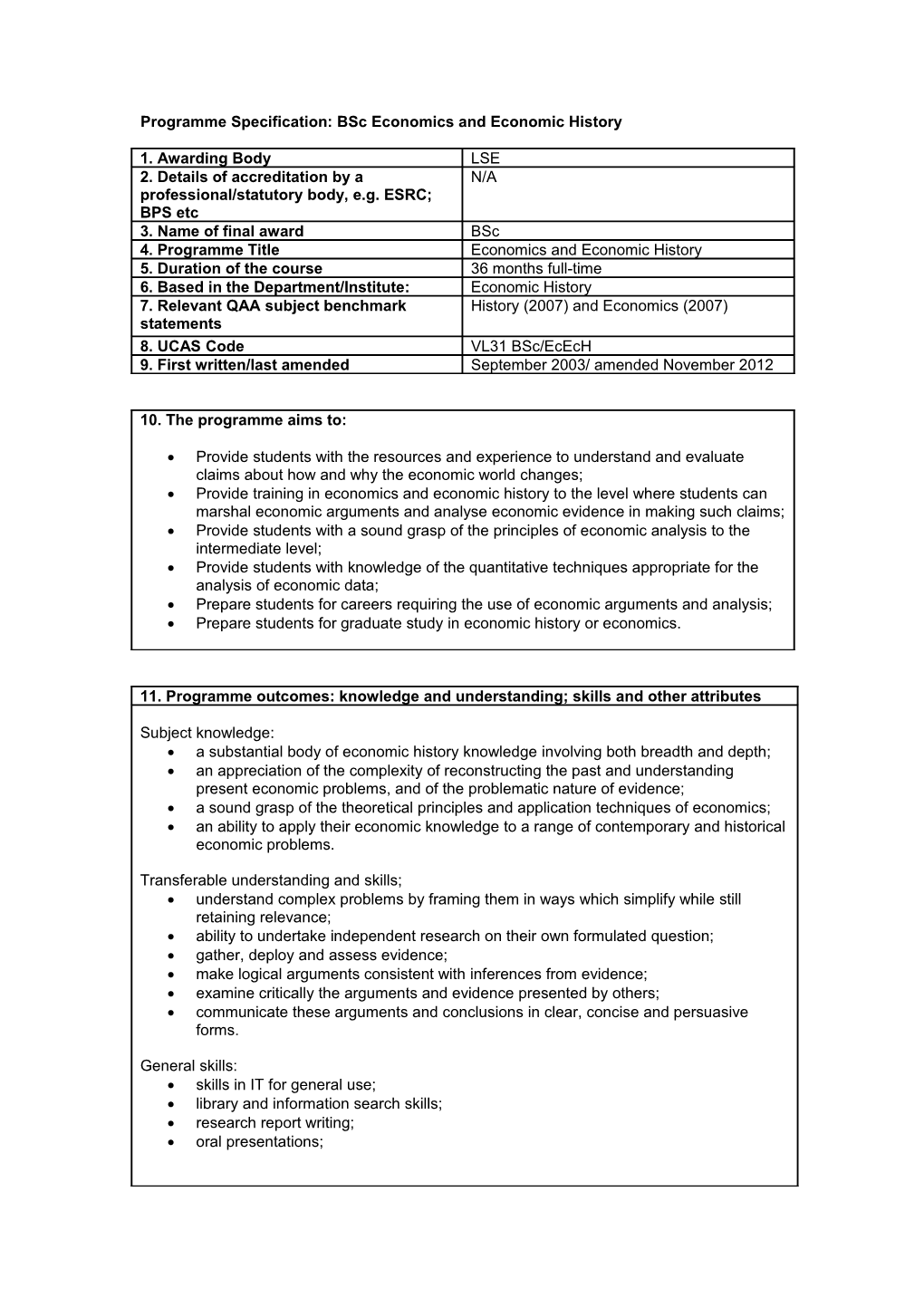 Programme Specification: Bsc Economics and Economic History