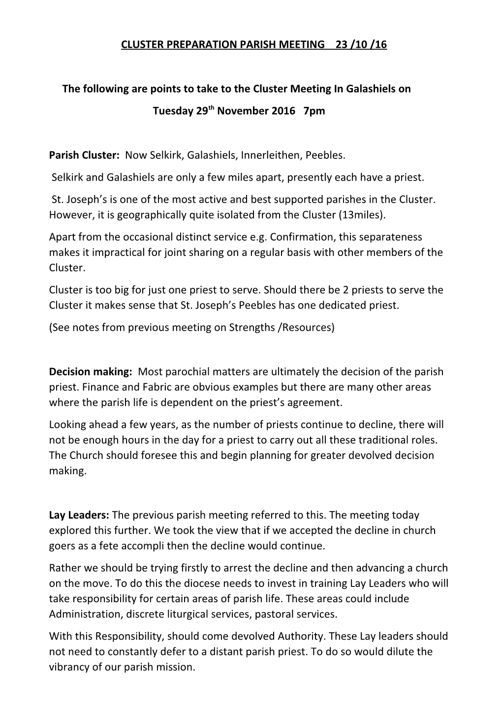 Cluster Preparation Parish Meeting 23 /10 /16