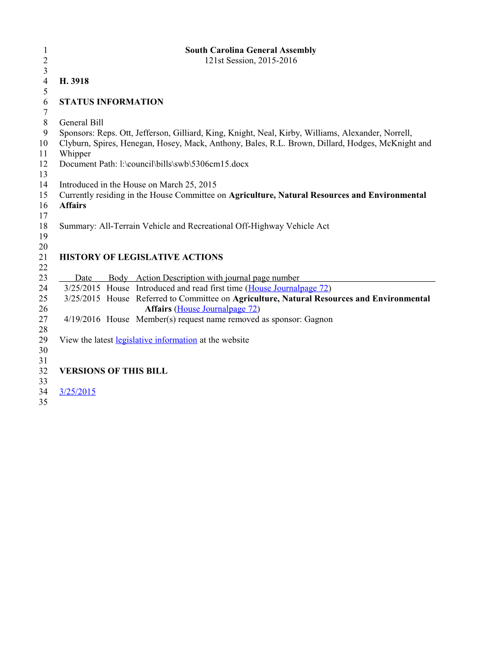 2015-2016 Bill 3918: All-Terrain Vehicle and Recreational Off-Highway Vehicle Act - South