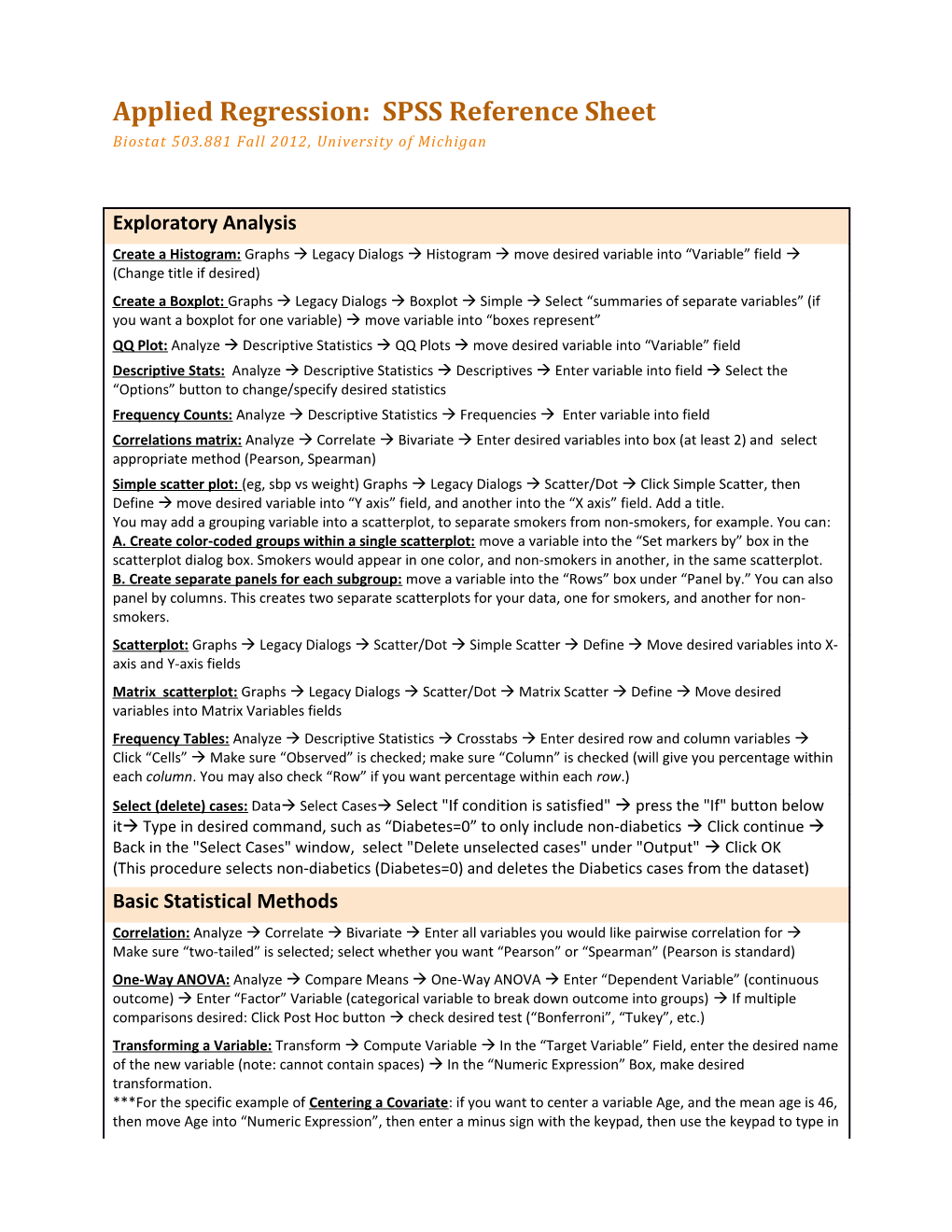 Applied Regression: SPSS Reference Sheet