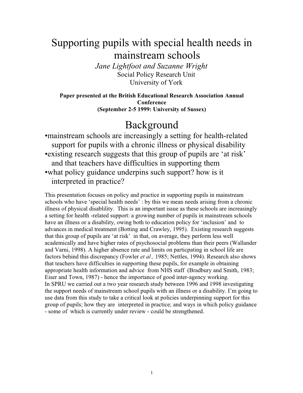 Supporting Pupils with Special Health Needs in Mainstream Schools