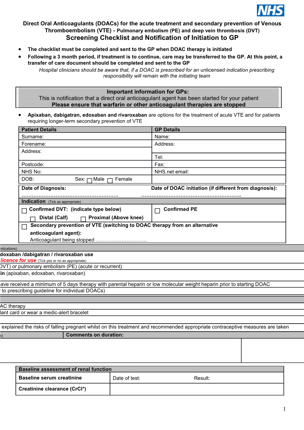 Screening Checklist and Notification of Initiation to GP