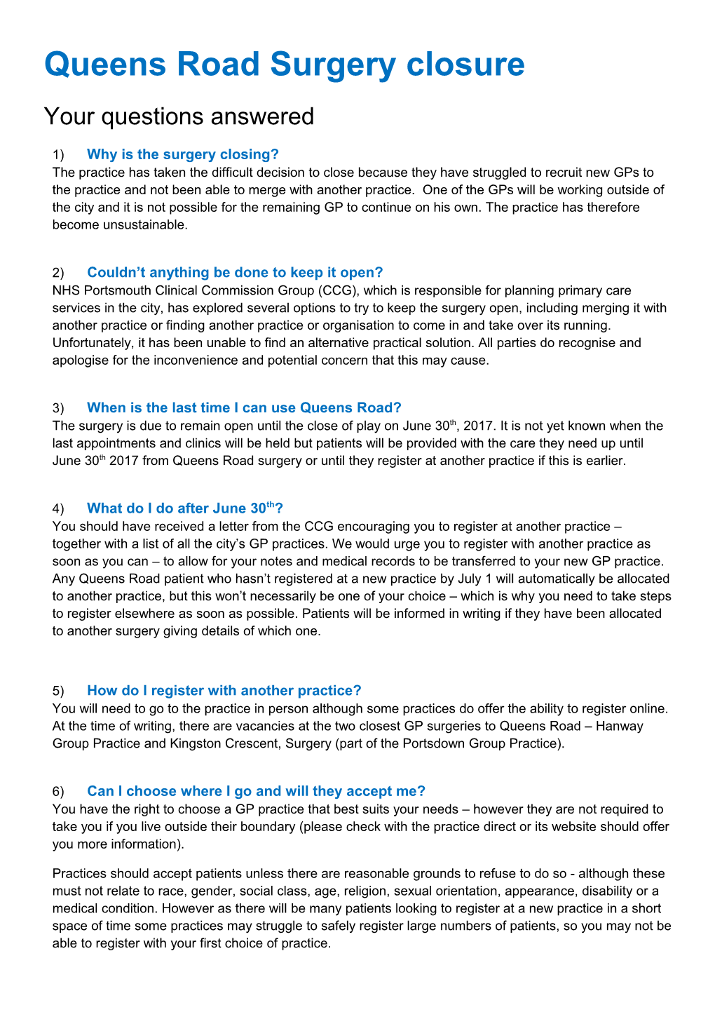 Queens Road Surgery Closure