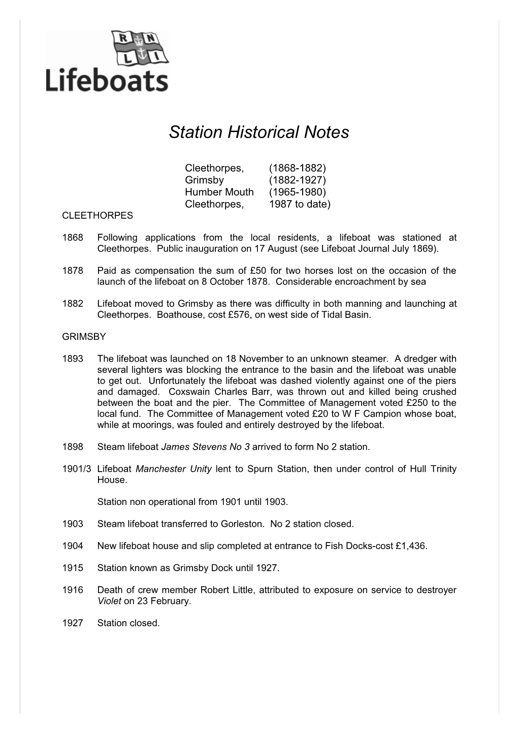 Station Historical Notes