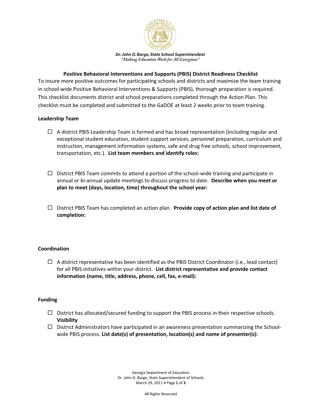 PBIS District Readiness Checklist