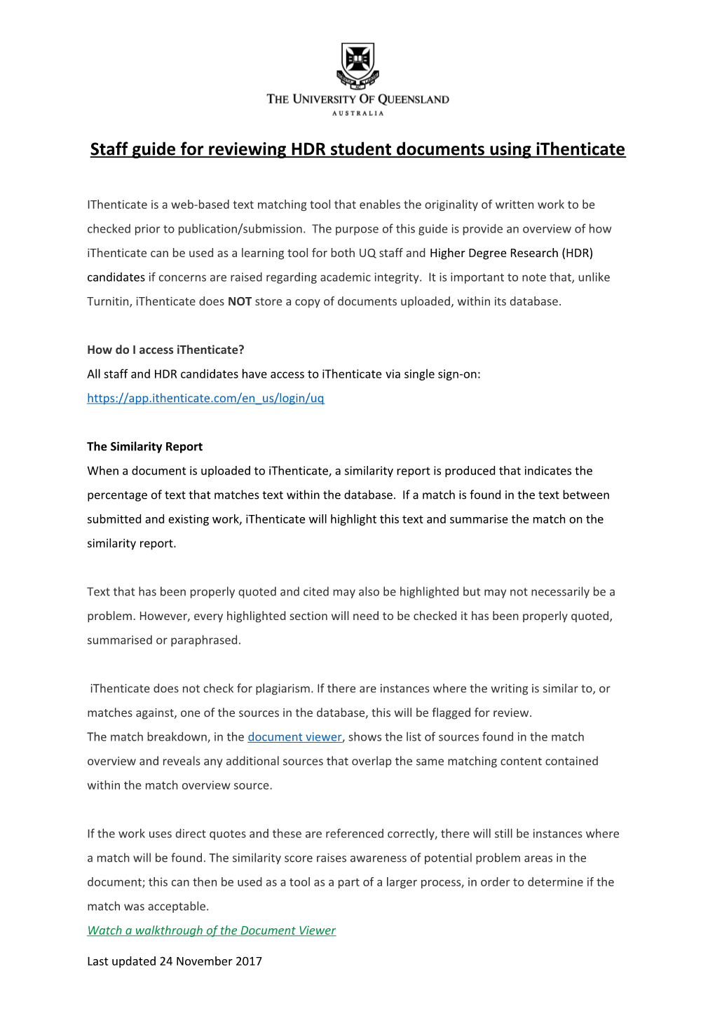 Staff Guide for Reviewing HDR Student Documents Using Ithenticate