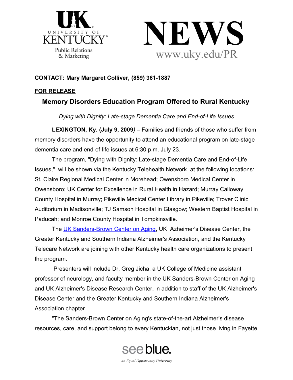 Memory Disorders Education Program Offered to Rural Kentucky