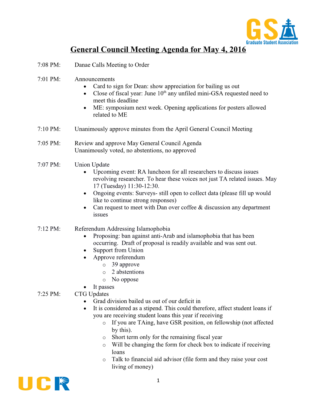 General Council Meetingagenda for May 4, 2016