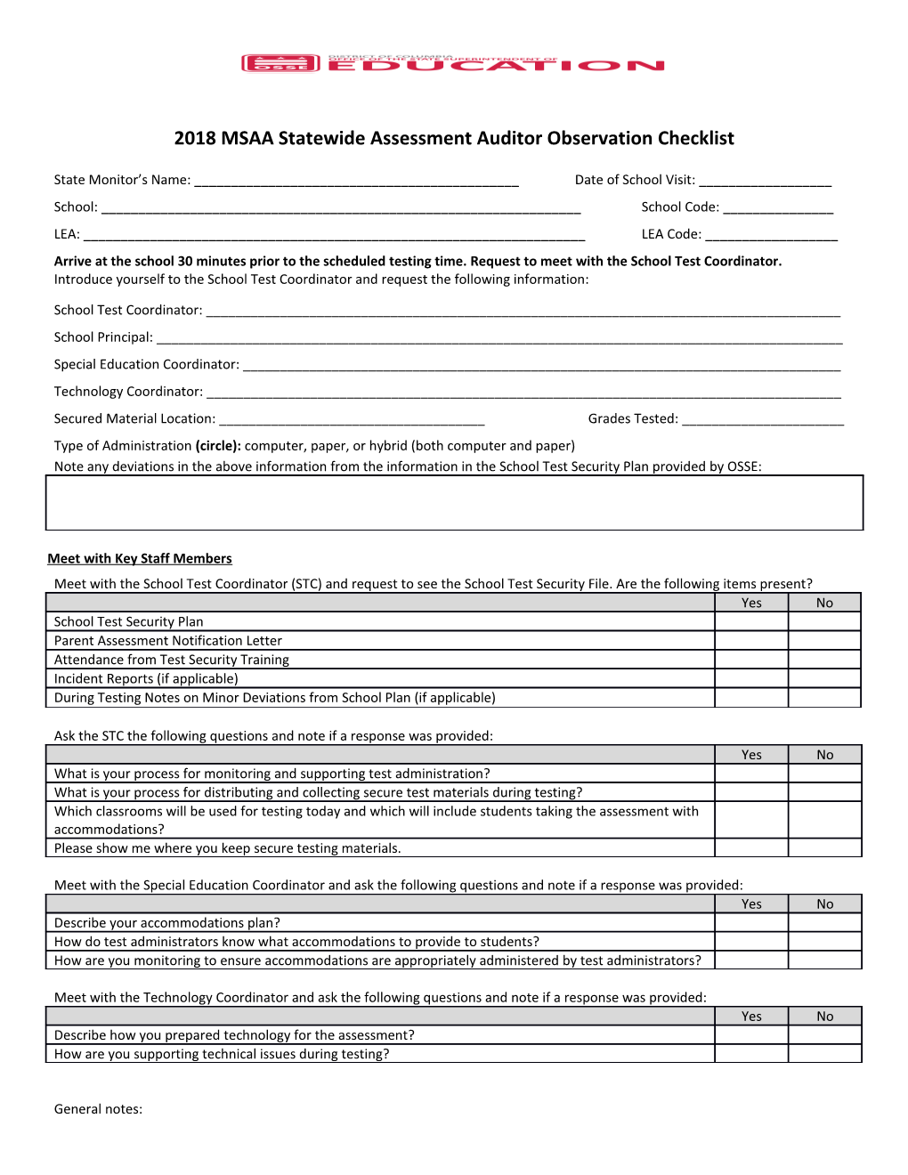 2018 Msaastatewide Assessment Auditorobservation Checklist