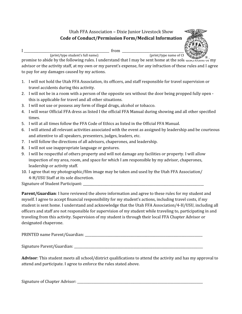 Code of Conduct/Permission Form/Medical Information