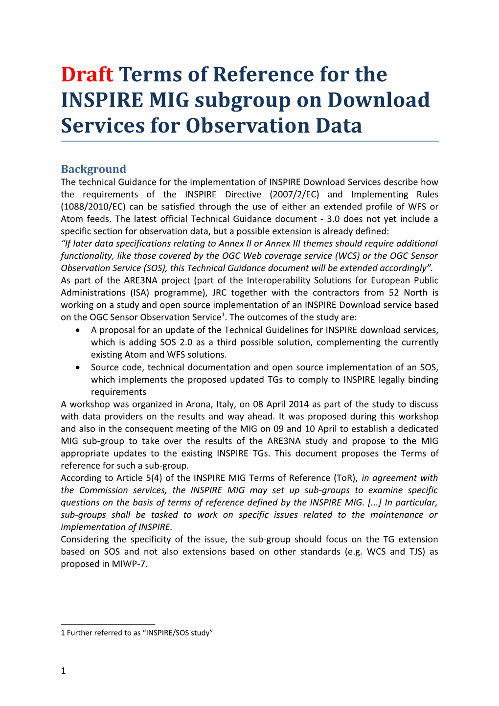 Draftterms of Reference for the INSPIRE MIG Subgroup on Download Services for Observation Data