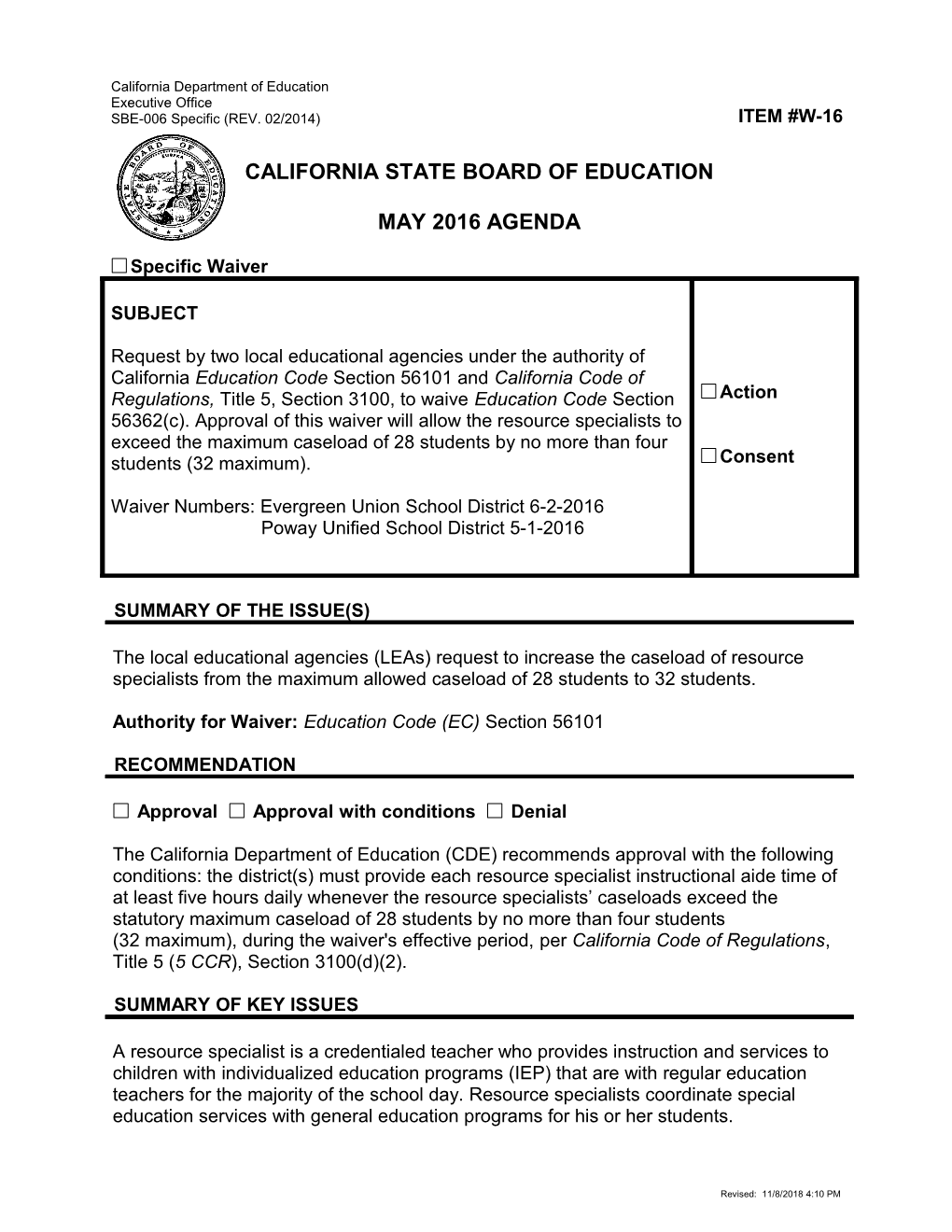 May 2016 Waiver Item W-16 - Meeting Agendas (CA State Board of Education)