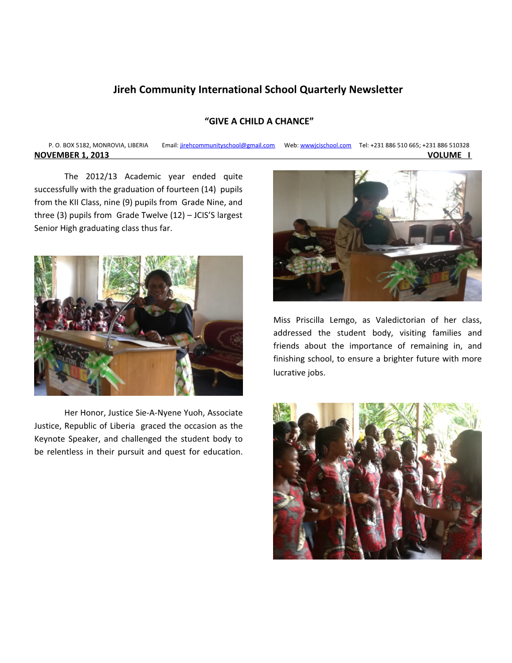 Jireh Community International School Quarterly Newsletter
