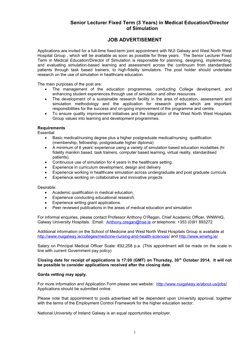 Senior Lecturer Fixed Term (3 Years) in Medical Education/Director of Simulation