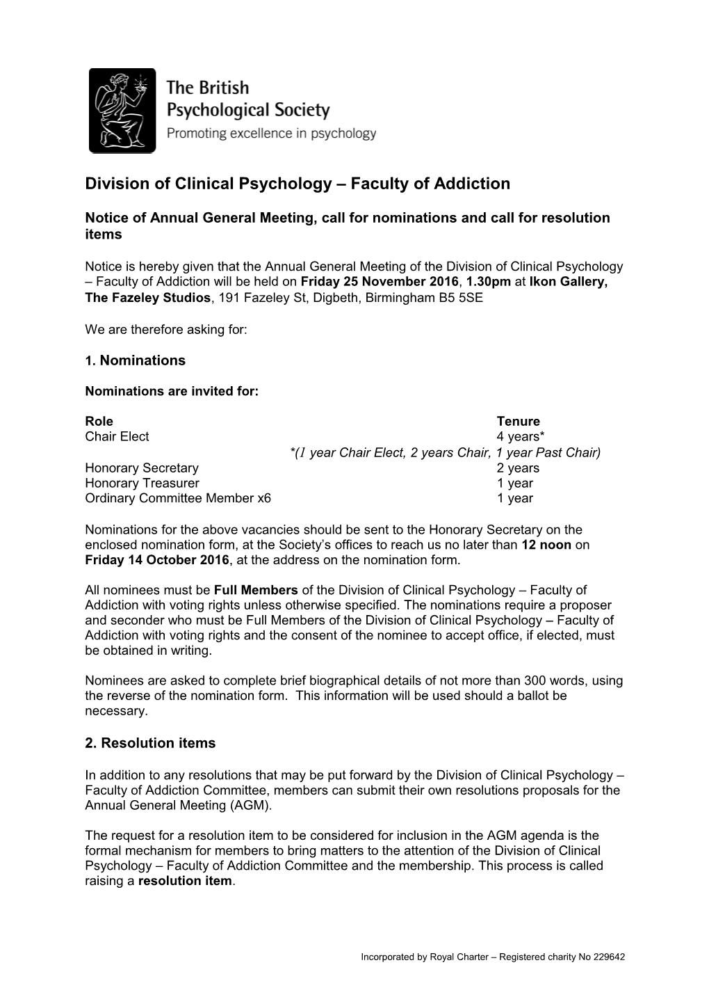 DCP Addictions AGM Notice 2016