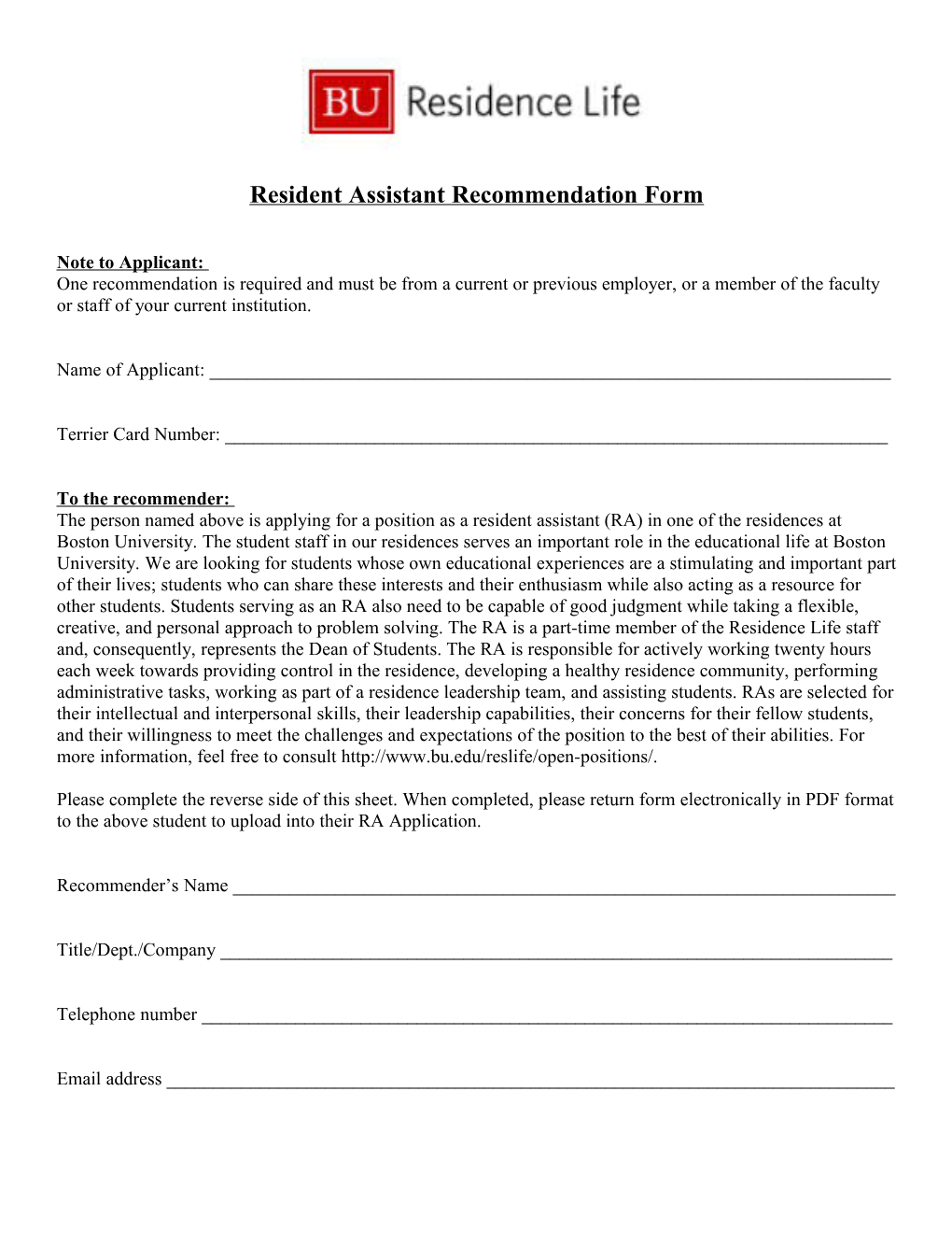 Resident Assistant Recommendation Form