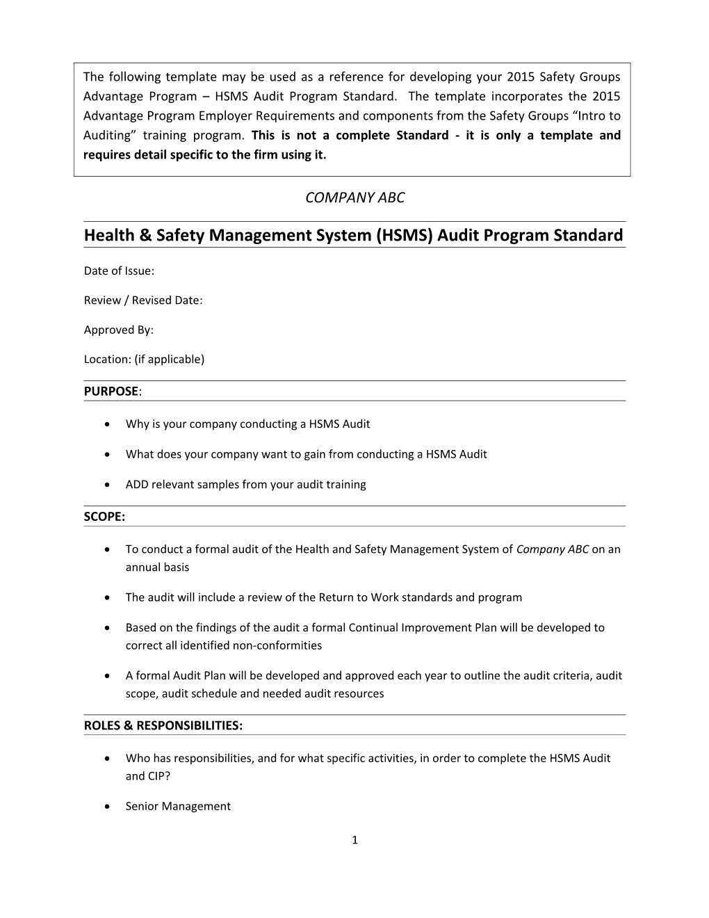 Health & Safety Management System (HSMS) Audit Program Standard MH2