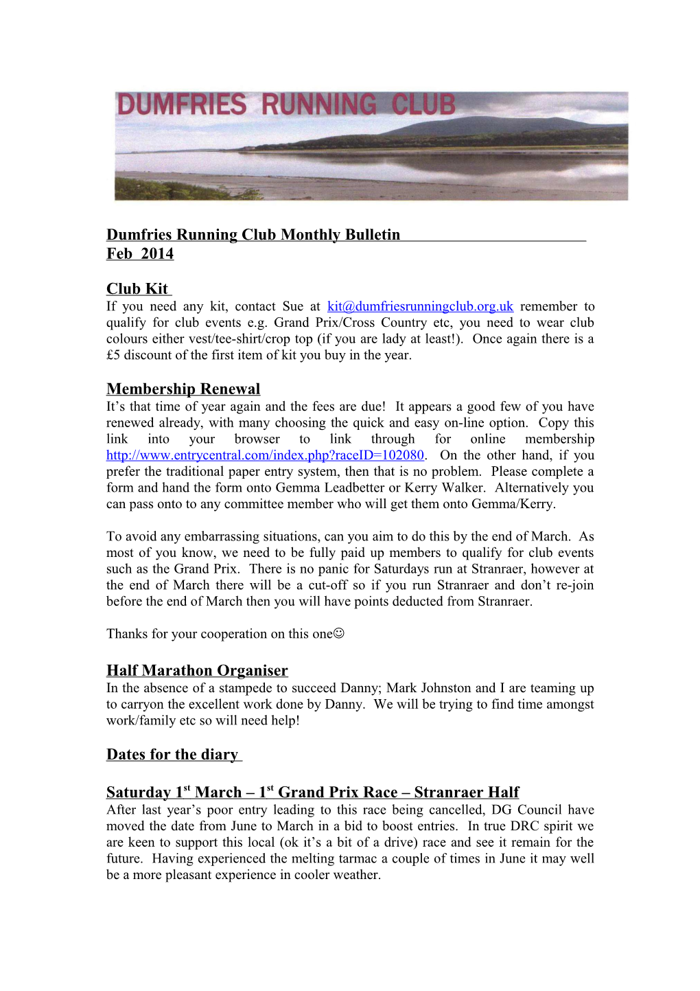 Dumfries Running Club Monthly Bulletin Feb 2014