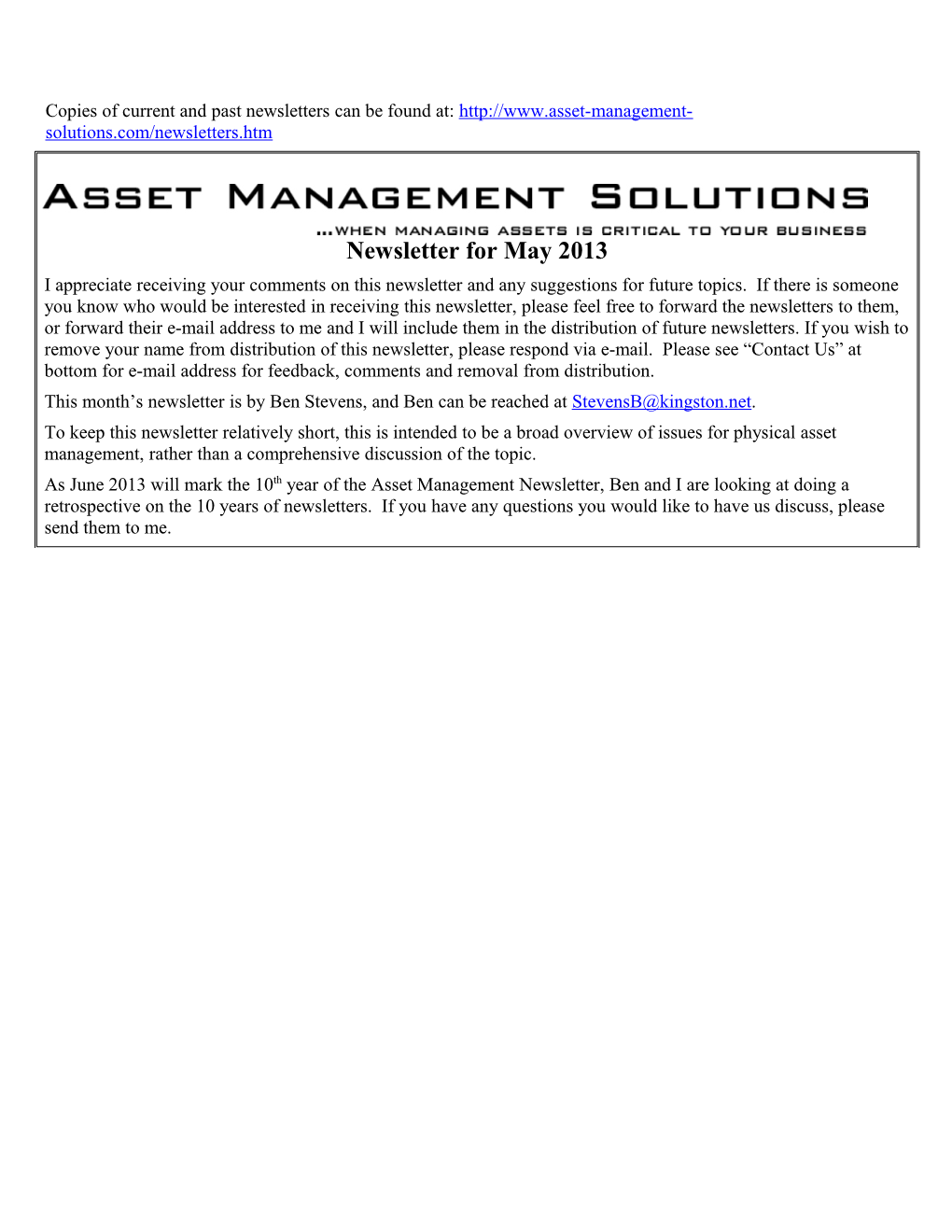 Asset Management Solutions Newsletter for May 2013