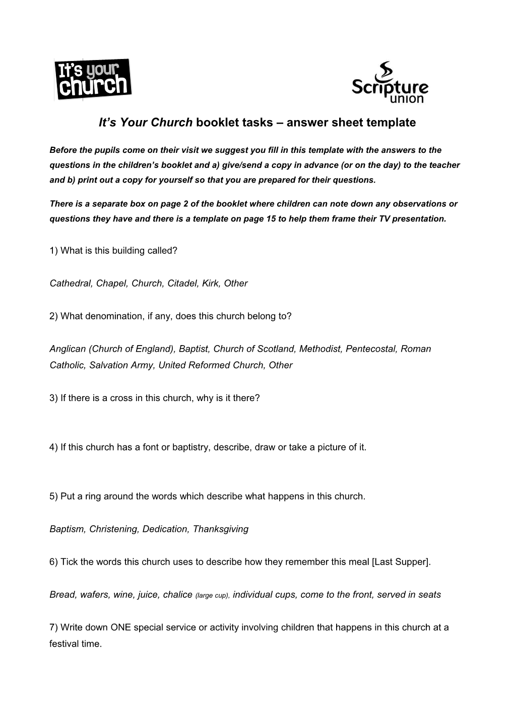 It S Your Churchbooklet Tasks Answer Sheet Template