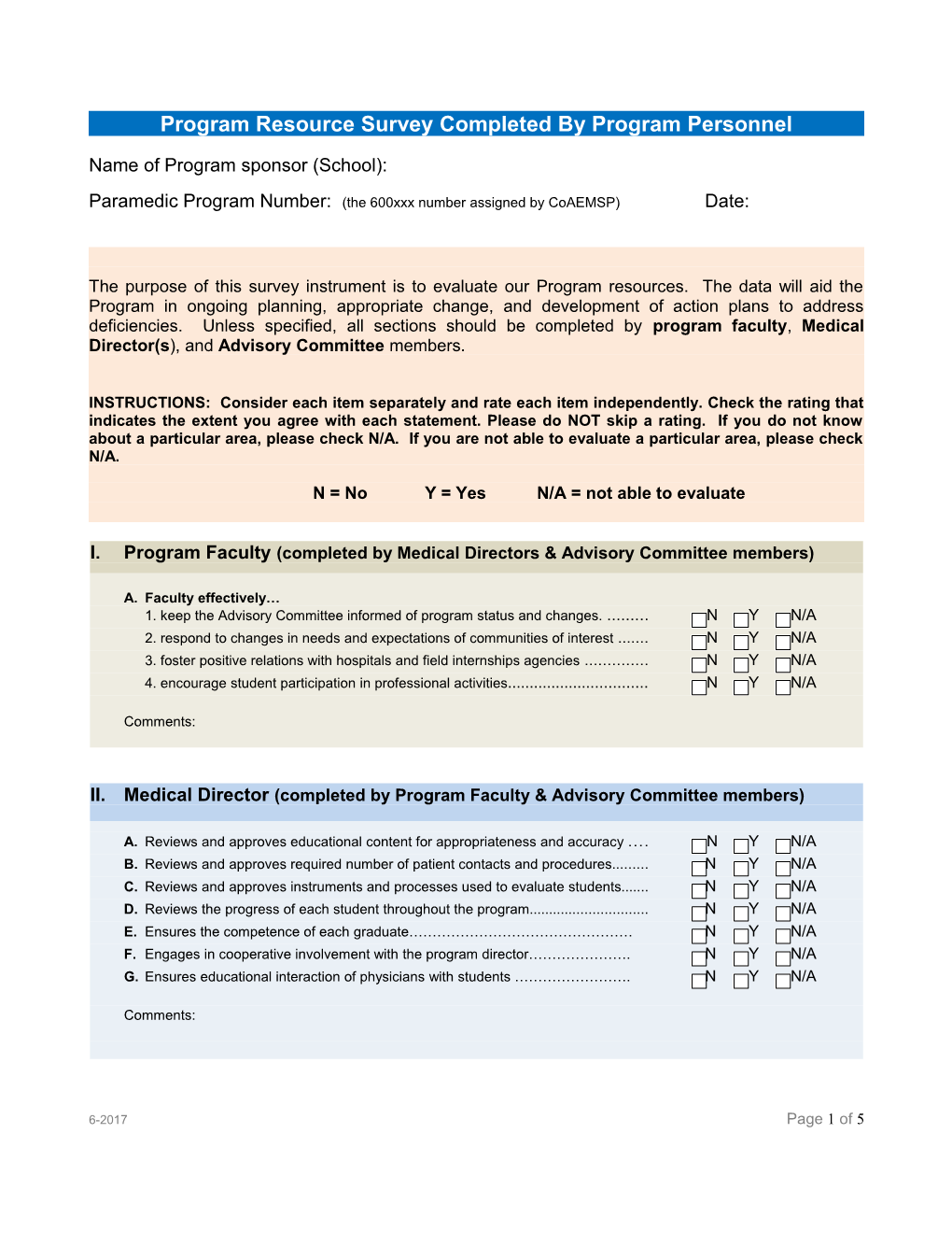 Program Resource Survey Completed by Program Personnel