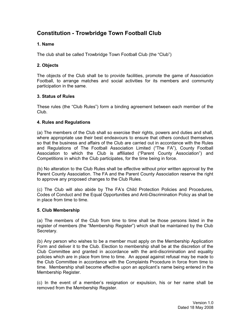 Constitution Trowbridge Town Football Club