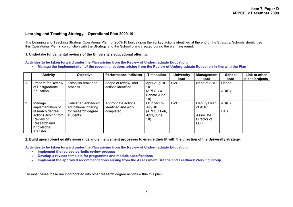 Learning and Teaching Strategy Operational Plan 2008-9 V1