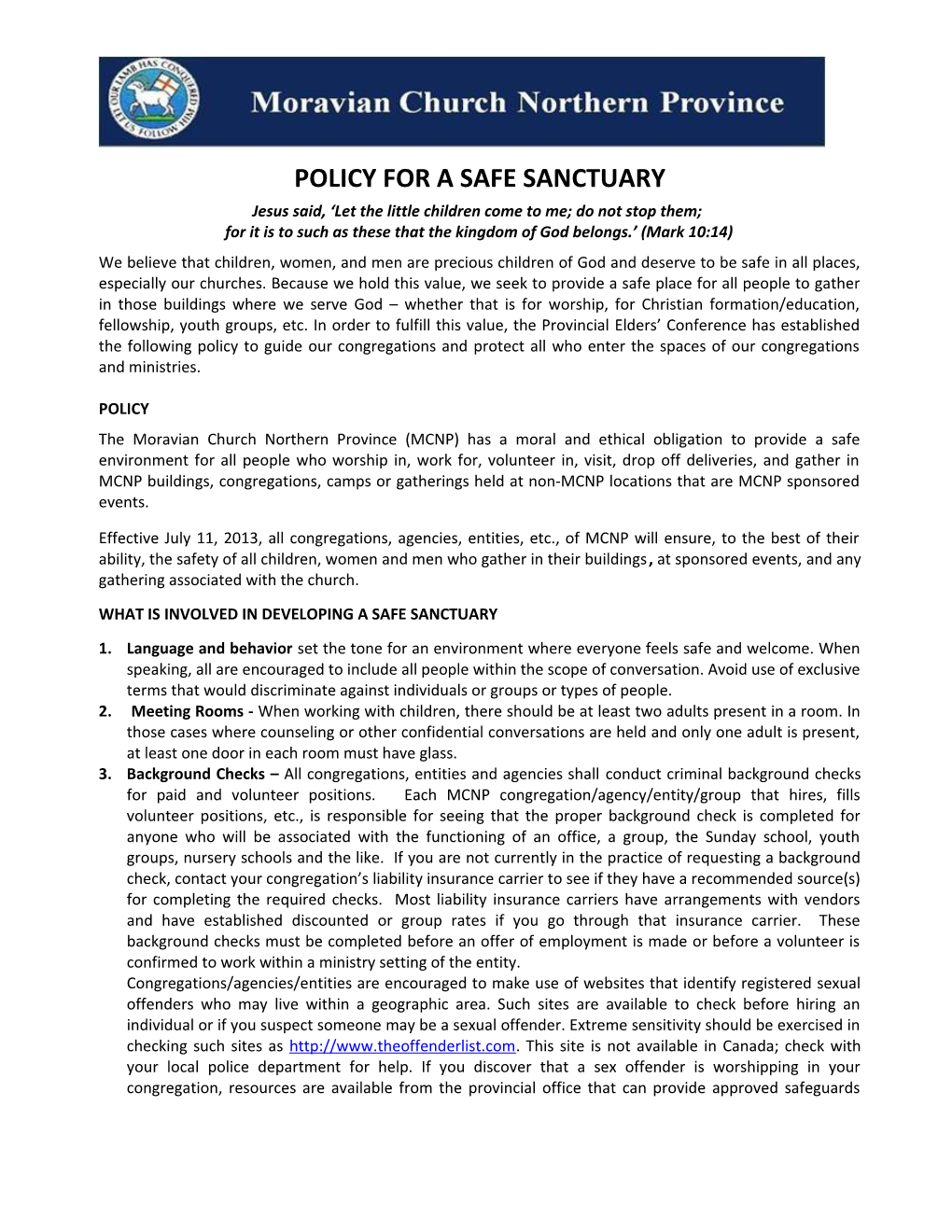 Policy for a Safe Sanctuary