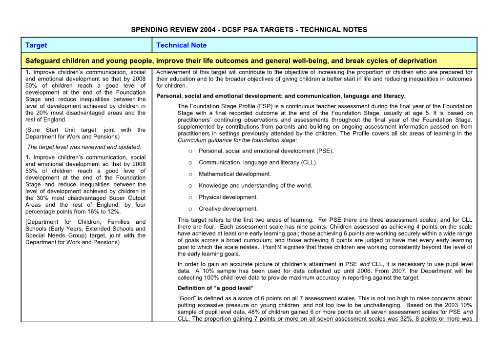 Spending Review 2004 - Dcsf / Dius (Previously Dfes) Psa Targets - Technical Notes