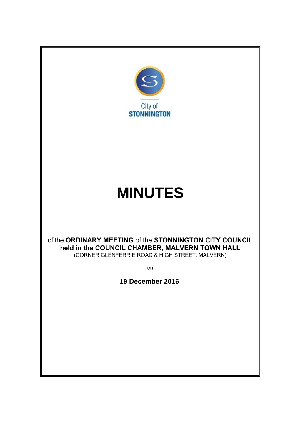 Minutes of Council Meeting - 19 December 2016