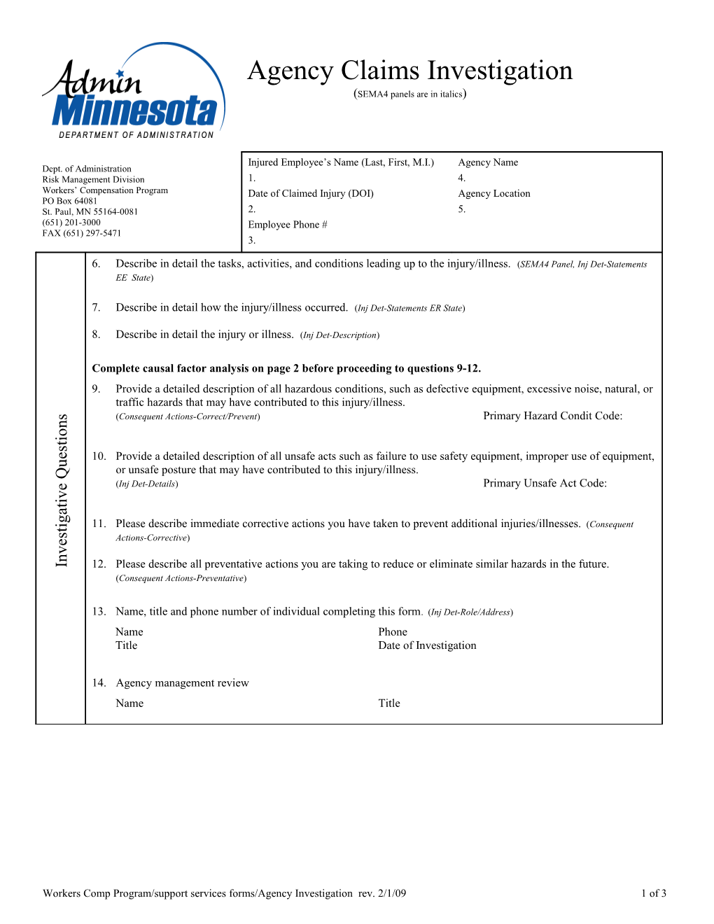Agency Claims Investigation Form - PE-00630-03