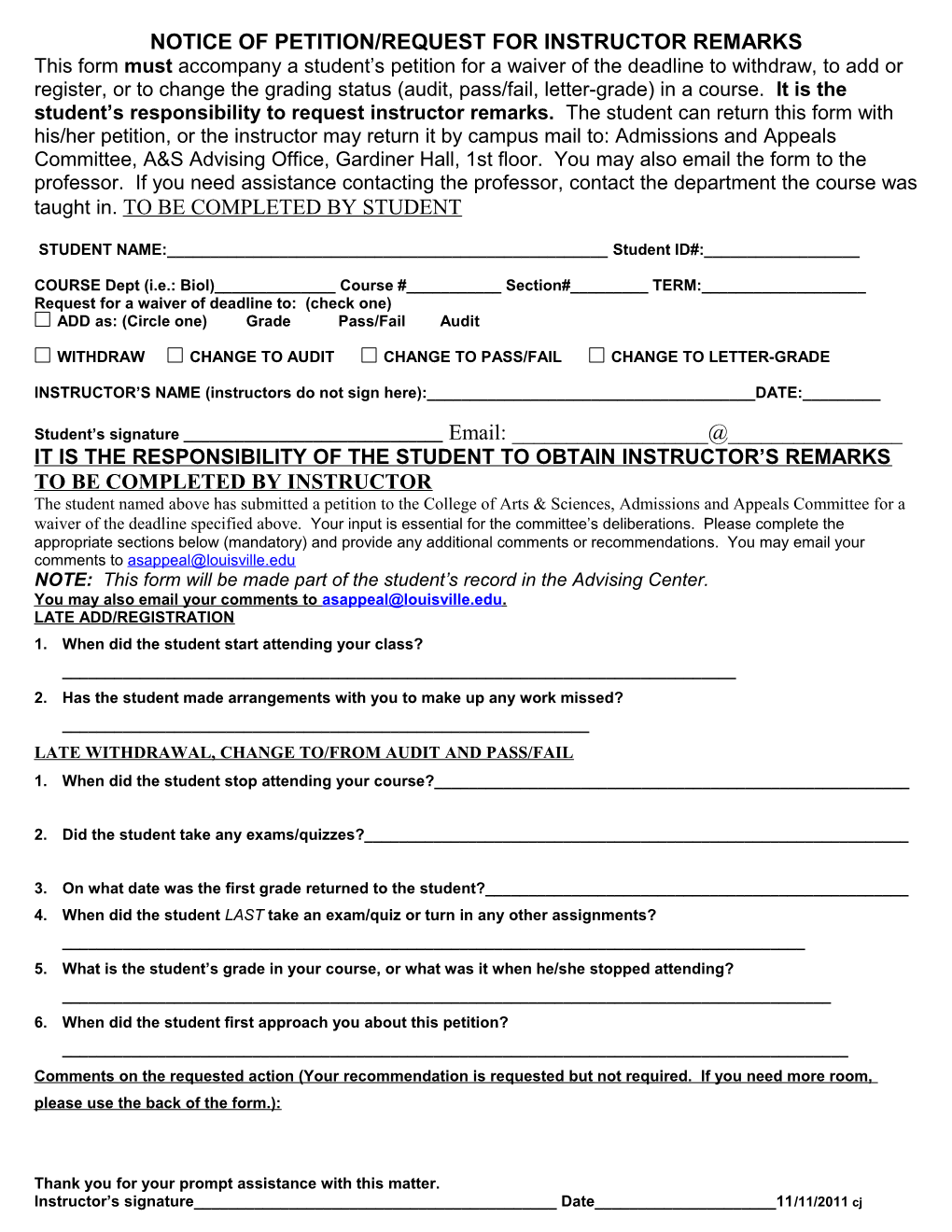 Notice of Petition/Request for Instructor Remarks