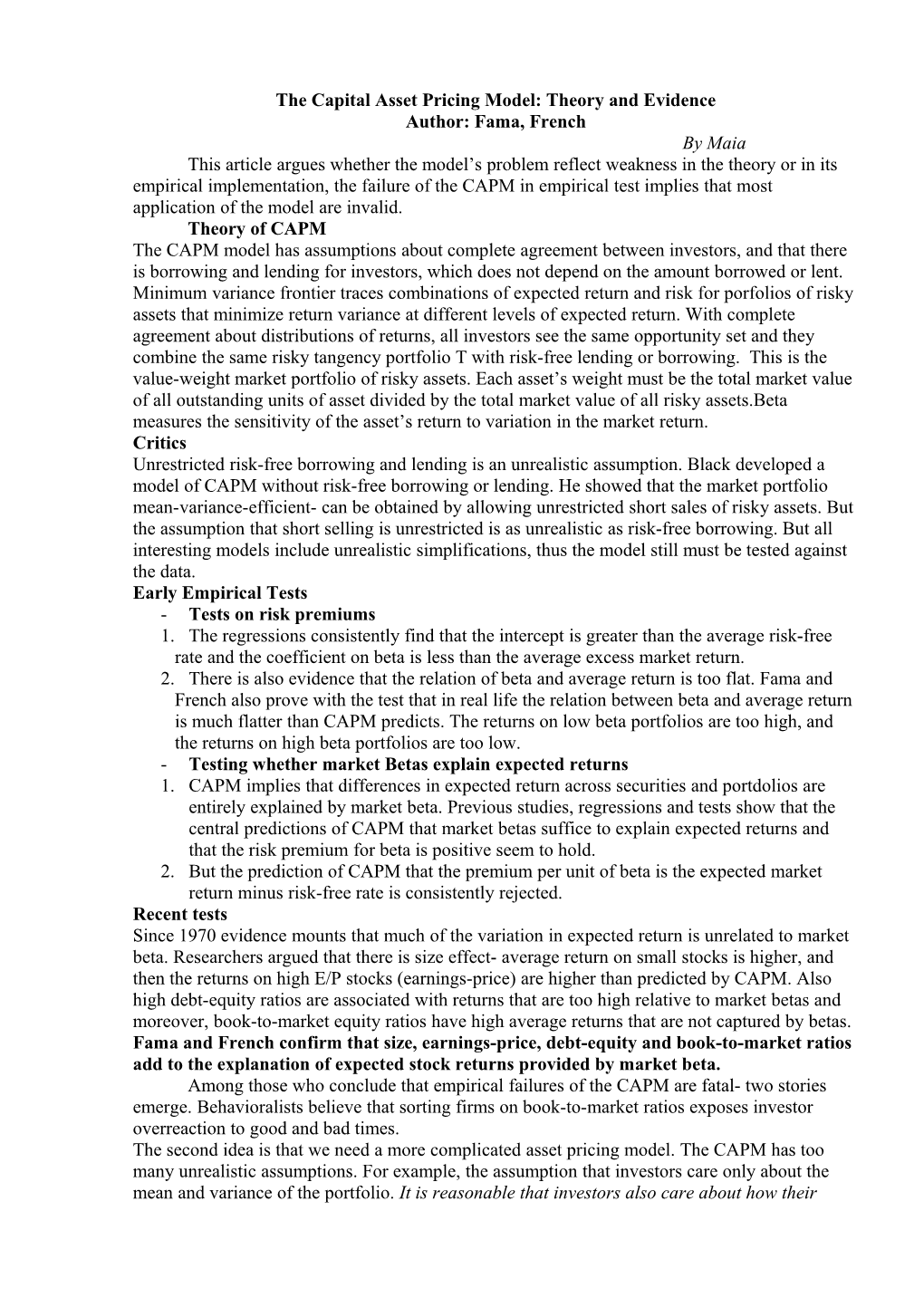 The Capital Asset Pricing Model: Theory and Evidence