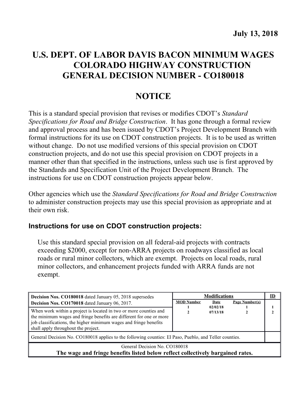 U.S. Dept. of Labordavis Bacon Minimum Wages Coloradohighway Construction
