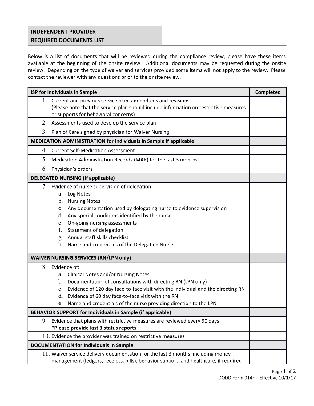 Please Use This As a Checklist for Documents to Have Available for Each Individual/Staff