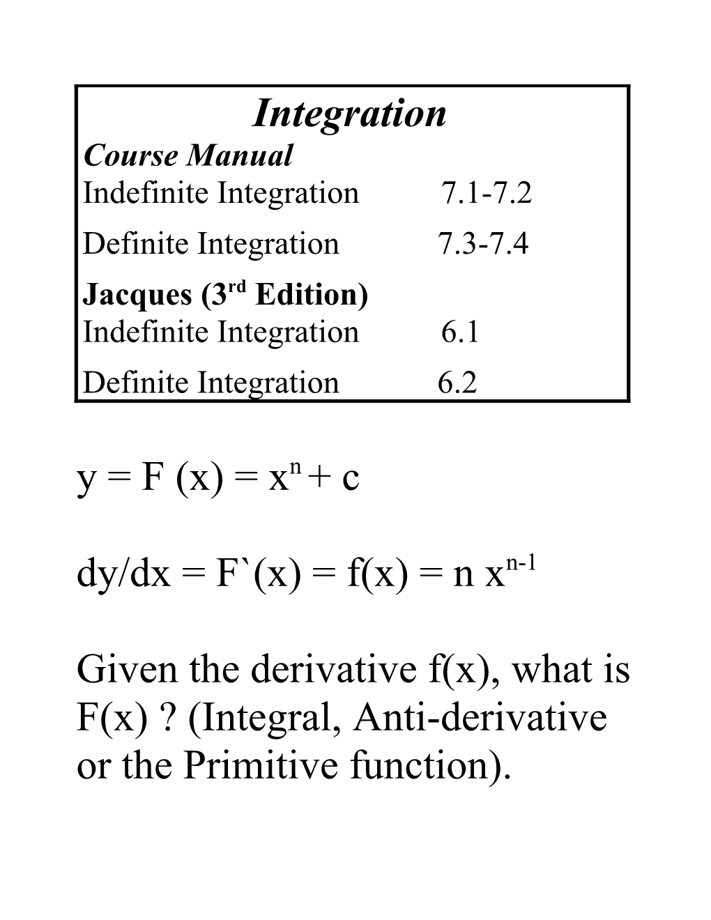 Given the Derivative F(X), What Is F(X) ? (Integral, Anti-Derivative Or the Primitive Function)