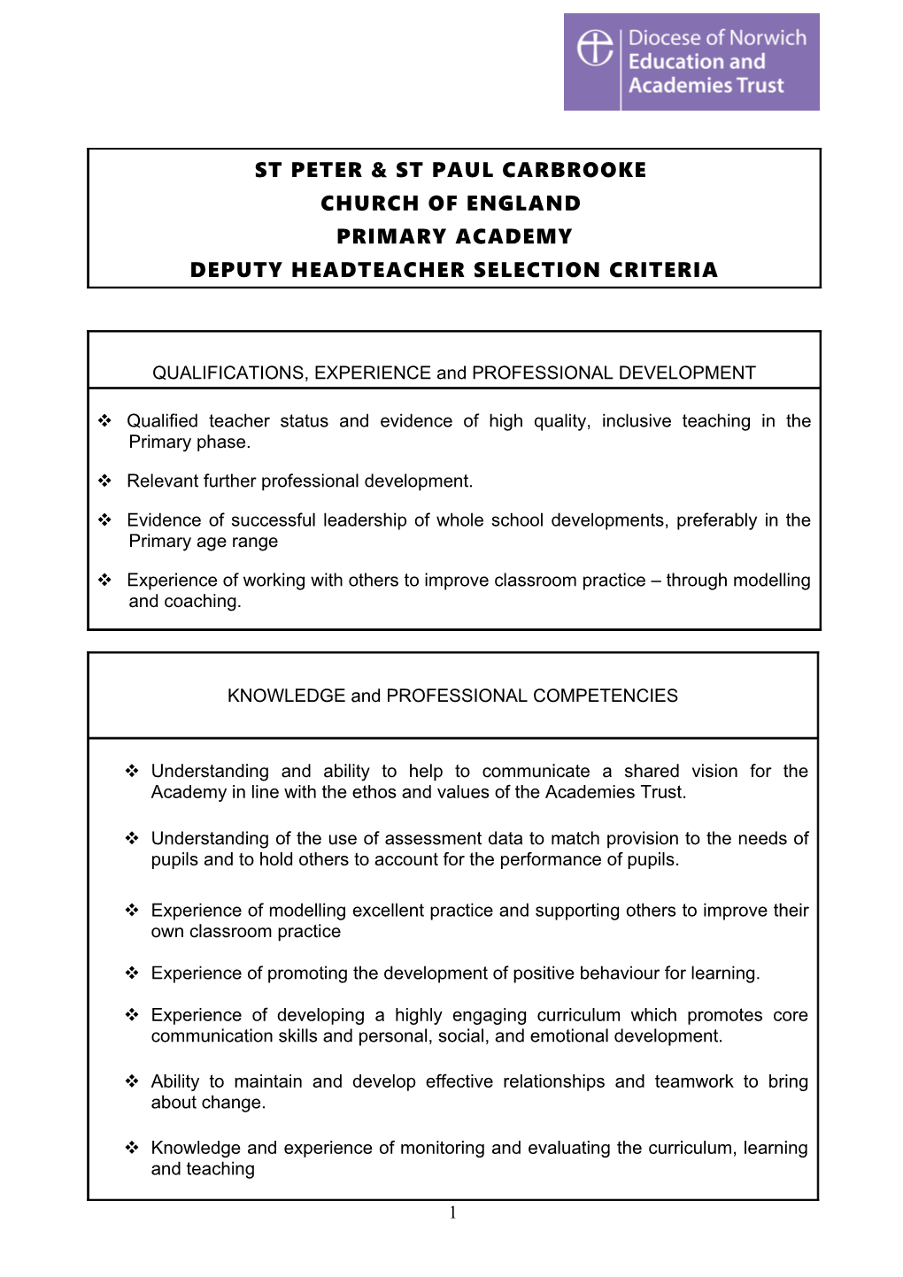 This Is a Summary Guide for Church Schools in the Norwich Diocese When Recruiting a New