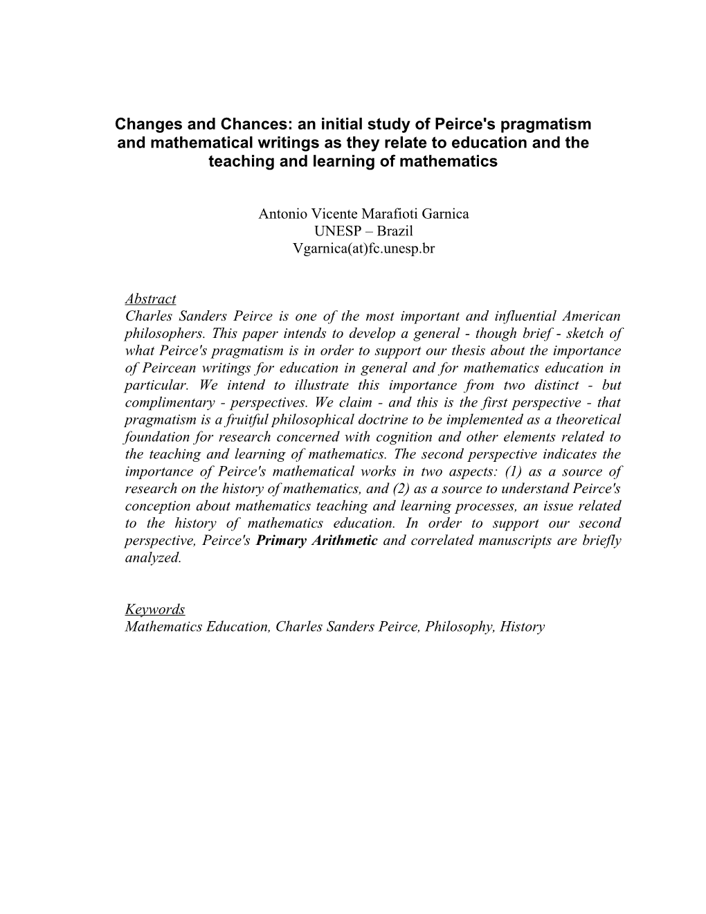 Changes and Chances: an Initial Study of Peirce's Pragmatism and Mathematical Writings