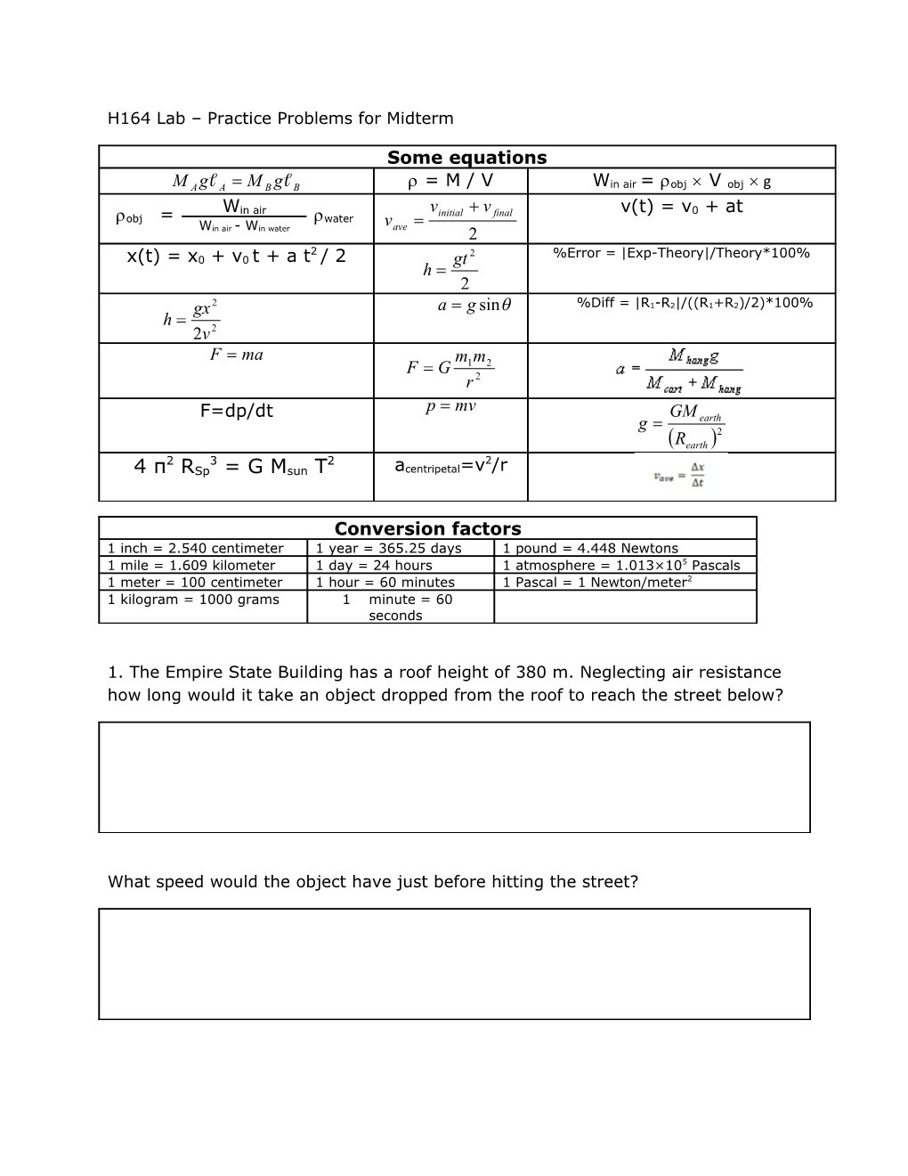 H164 Lab Practice Problems for Midterm