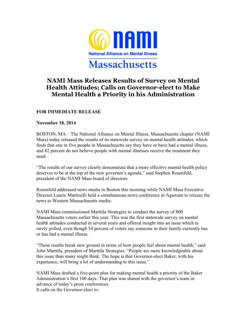 NAMI Mass Releases Results of Survey on Mental Health Attitudes; Calls on Governor-Elect