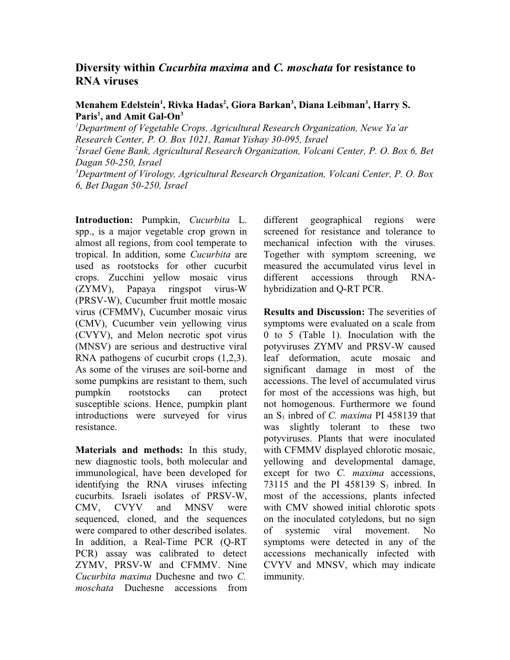 Diversity Within Cucurbita Maxima and Moschata Lines for Resistance to RNA Viruses