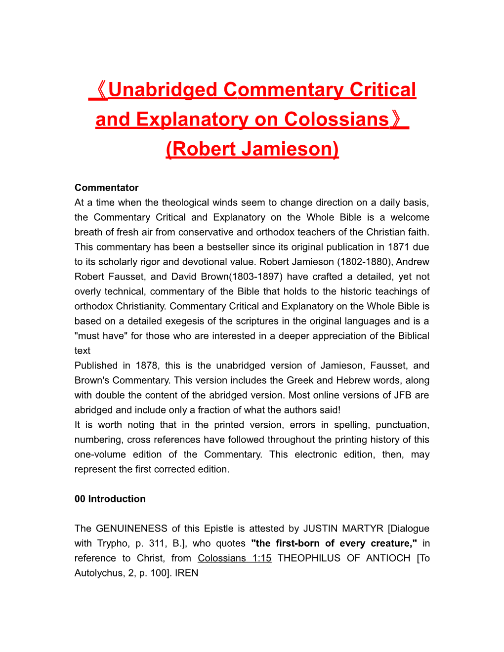 Unabridged Commentarycritical and Explanatory on Colossians (Robert Jamieson)