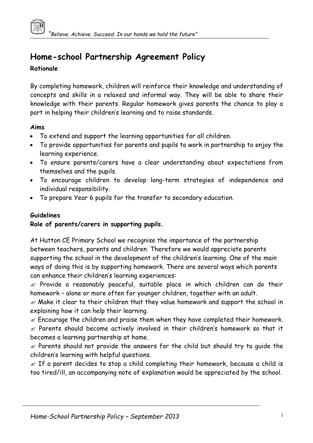 Home-School Partnership Agreement Policy