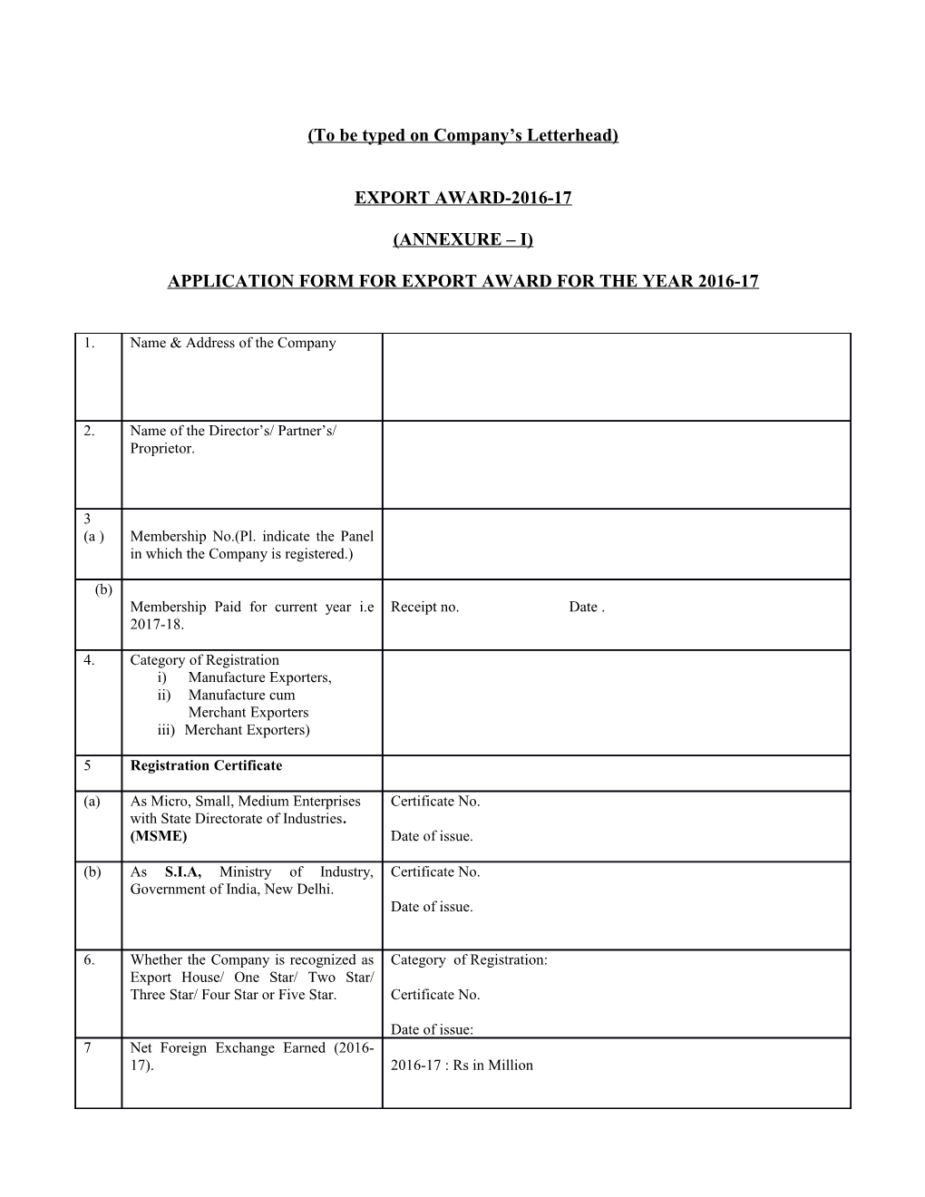 Application Form for Export Award for the Year 2016-17