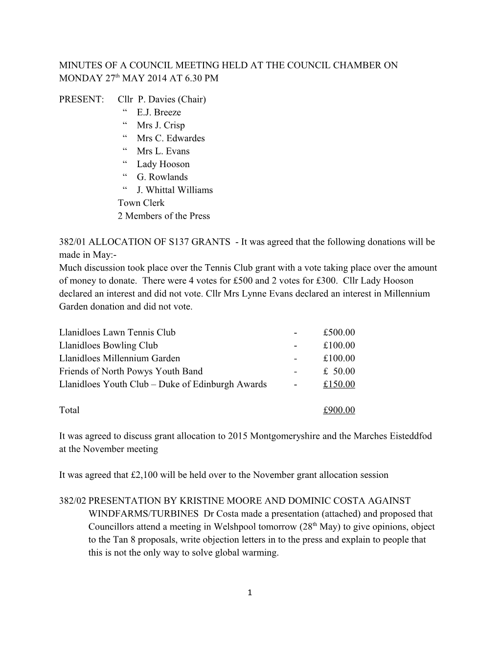 MINUTES of a COUNCIL MEETING HELD at the COUNCIL CHAMBER on MONDAY 27Th MAY2014 at 6.30 PM