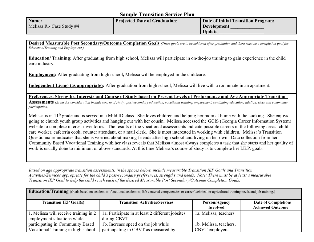 Transition Service Plan- EXAMPLE