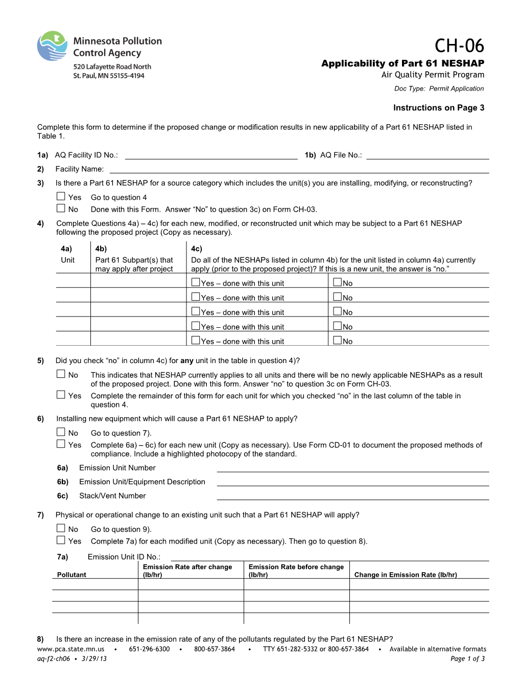 CH-06 Applicability of Part 61 NESHAP - Air Quality Permit Program - Form