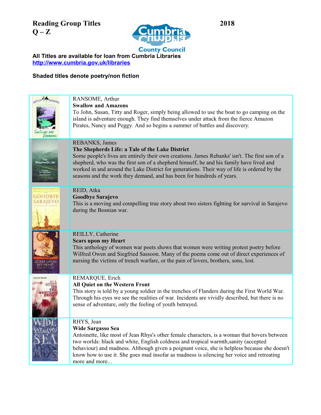 Reading Group Titles 2018 Q Z All Titles Are Available for Loan from Cumbria Libraries