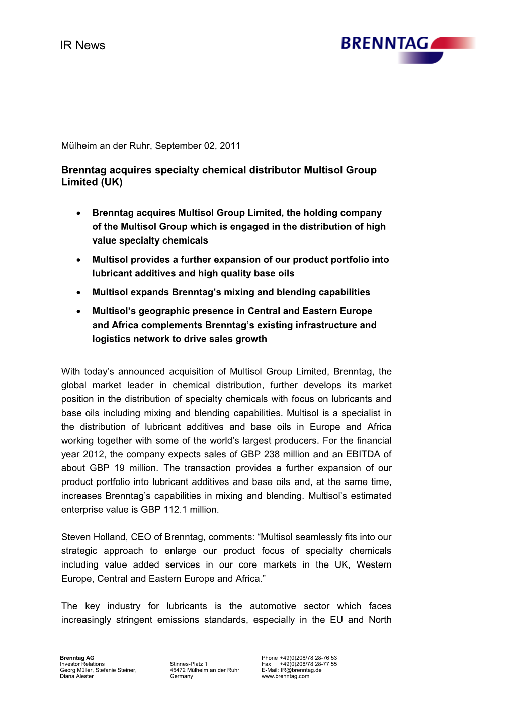 Brenntag Acquires Specialty Chemical Distributor Multisol Group Limited (UK)