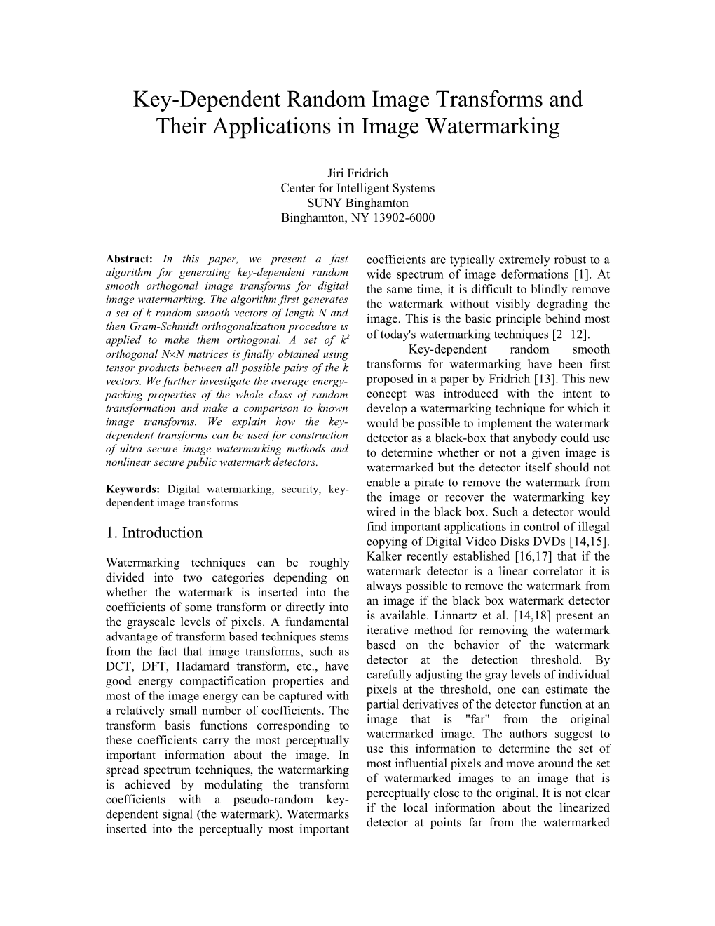 Title: Key-Dependent Random Image Transforms and Their Applications in Image Watermarking